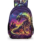 KAFFUL Gothic Dragon Backpack for Boys Girls, Skeleton Dragon Roaring Backpack Colorful Hippie Fire Dragon Anime Style Kids Backpack, Children Travel Laptop Backpack, 16.5 Inch