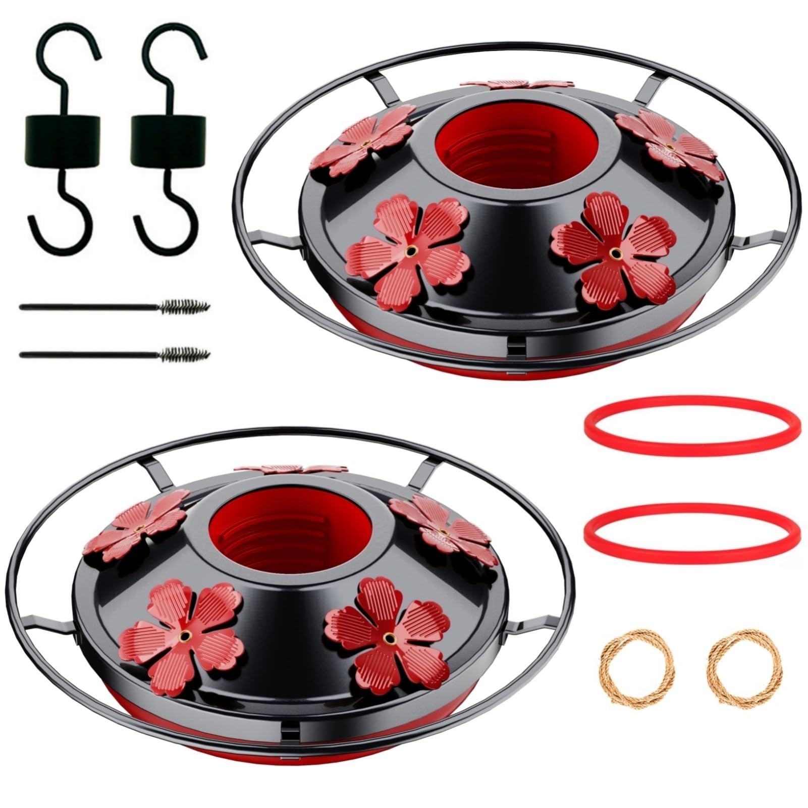 Photo 1 of 2 Pack Hummingbird Feeder Base Replacement Part Accessories Set - Includes 2 Pcs Bottom Base, Moat Hooks, Seal Rings, Brushes and Hanging Ropes (2, Black)