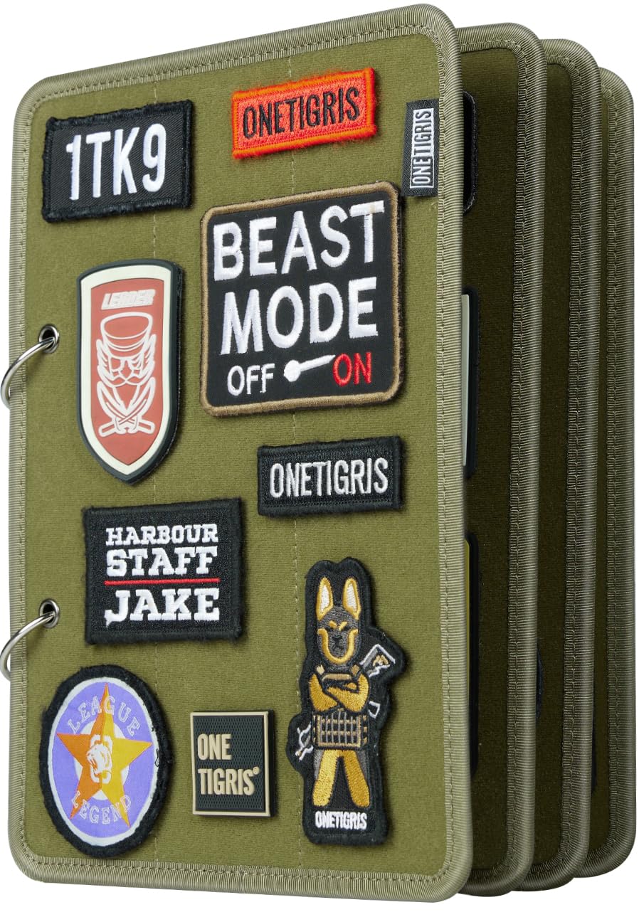 OneTigris Patch Display Board, Flip-Page Patch Book with Metal Removable Ring Binders, Tactical Patches Booklet Organizer for Patch, Military Patch Collections(No Patches Included), Ranger Green