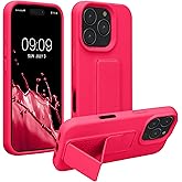 kwmobile Case Compatible with Apple iPhone 16 Pro - Case with Hand Strap and Stand Soft TPU Silicone Coating - Neon Pink