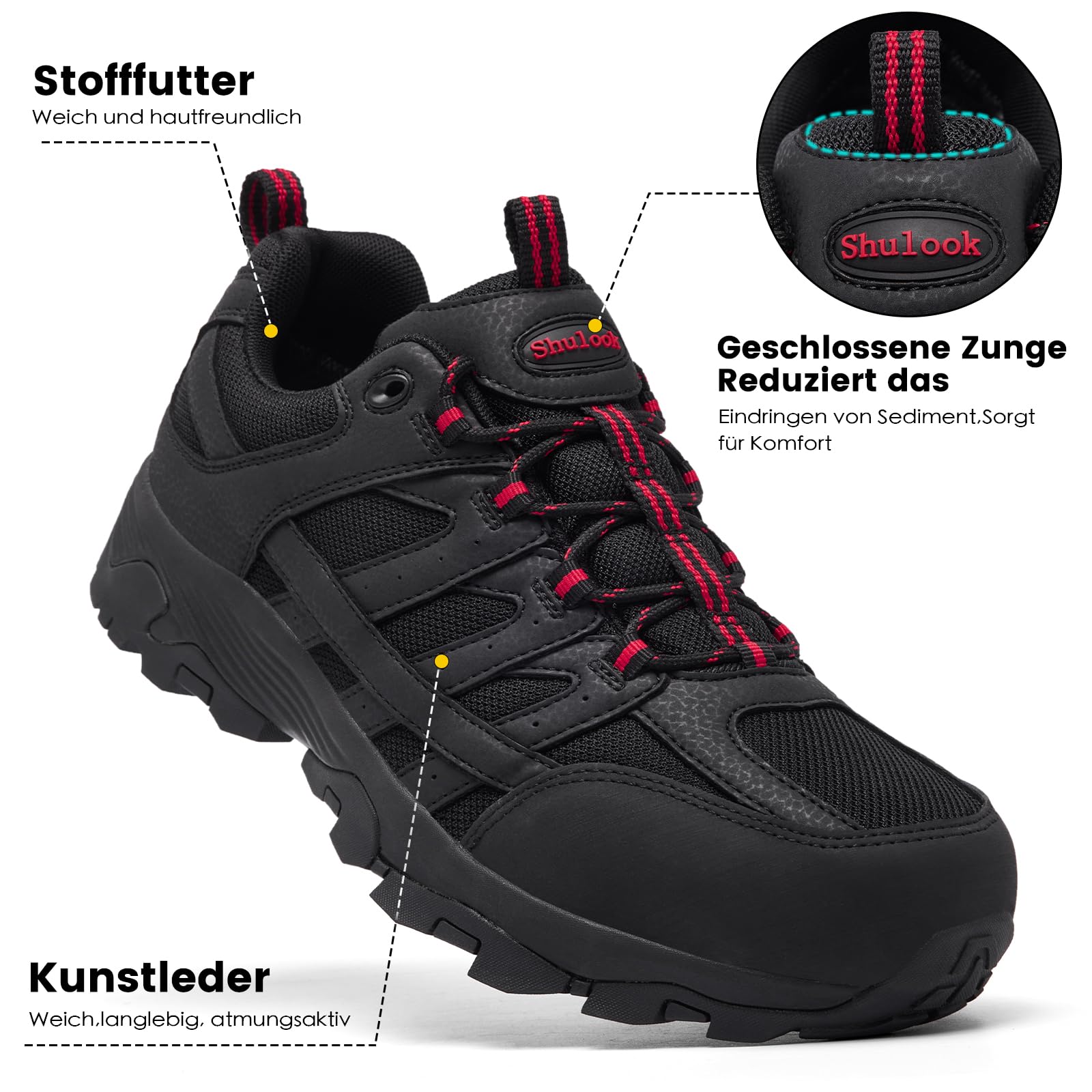 Herren Wanderschuhe Wasserdicht Leicht Trekkingschuhe Schwarz/Rot 43 3