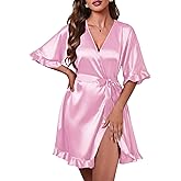 Ekouaer Silk Robes for Women Short Lightweight Bathrobe Ruffled Satin Kimono Robes Sexy Bride Bridesmaid Sleepwear