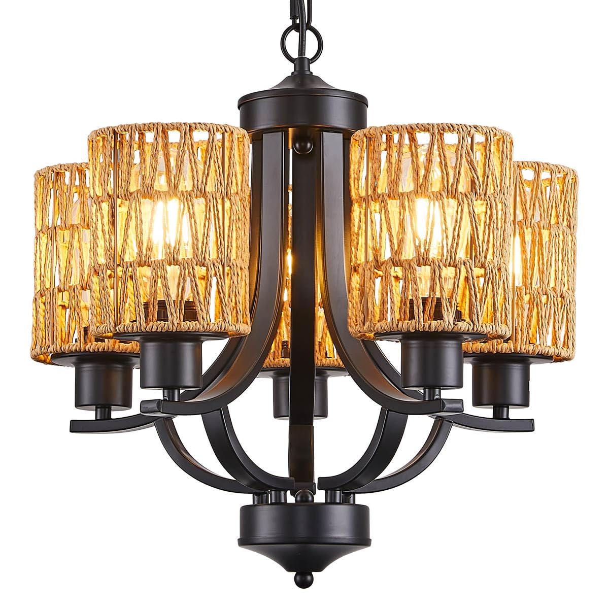 Photo 1 of TELAFLY 5-Light Dining Room Chandelier,Modern Small Rattan Chandeliers Black Rustic Metal Farmhouse High Ceiling Pendant Light Fixtures for Living Room,Kitchen,Foyer,Bedroom