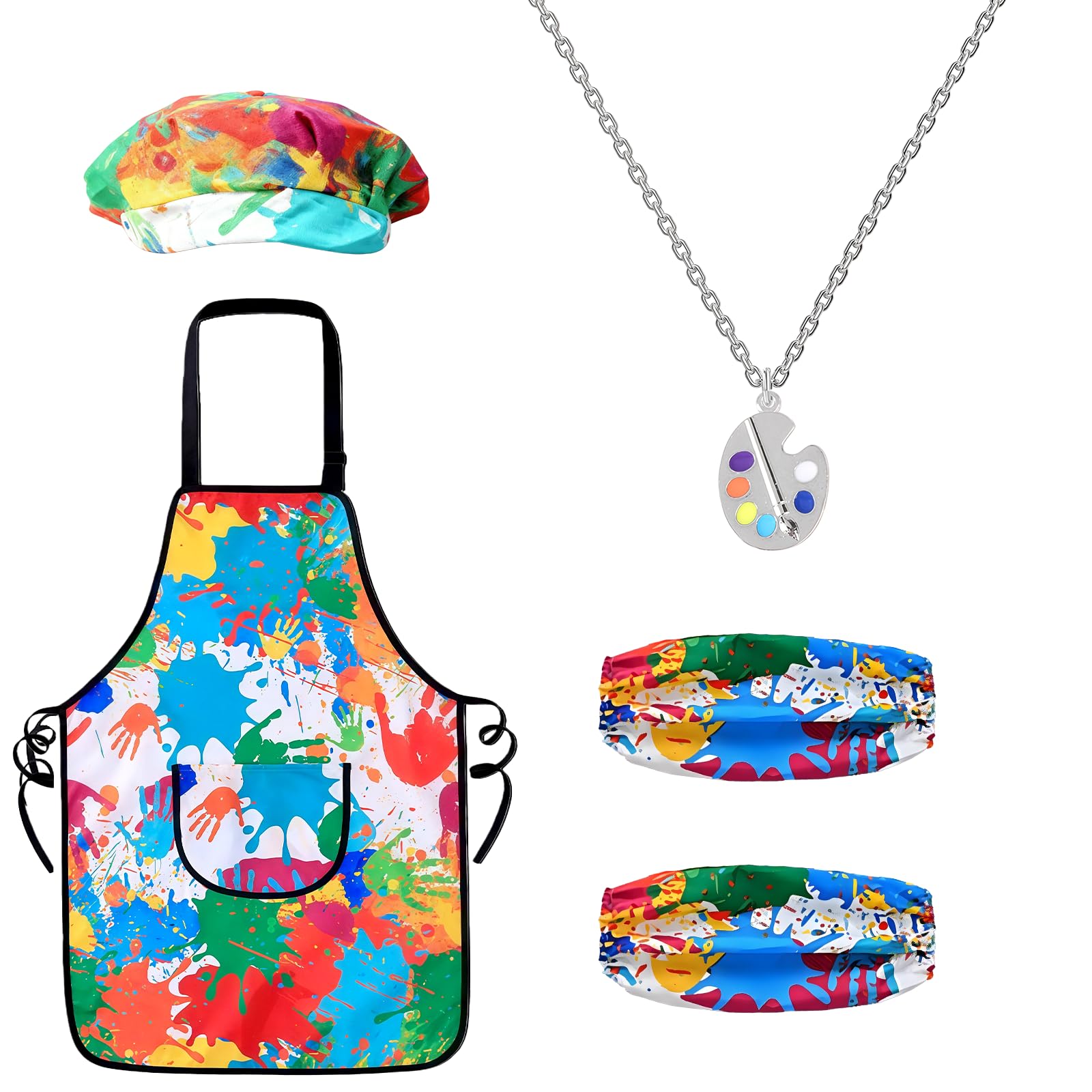 DVOFU 4Pieces Artist Costume Accessories Set Painting Aprons with Pockets Necklace Long Sleeve Cover and Hood for Girls Boy Painting Craft School Eating