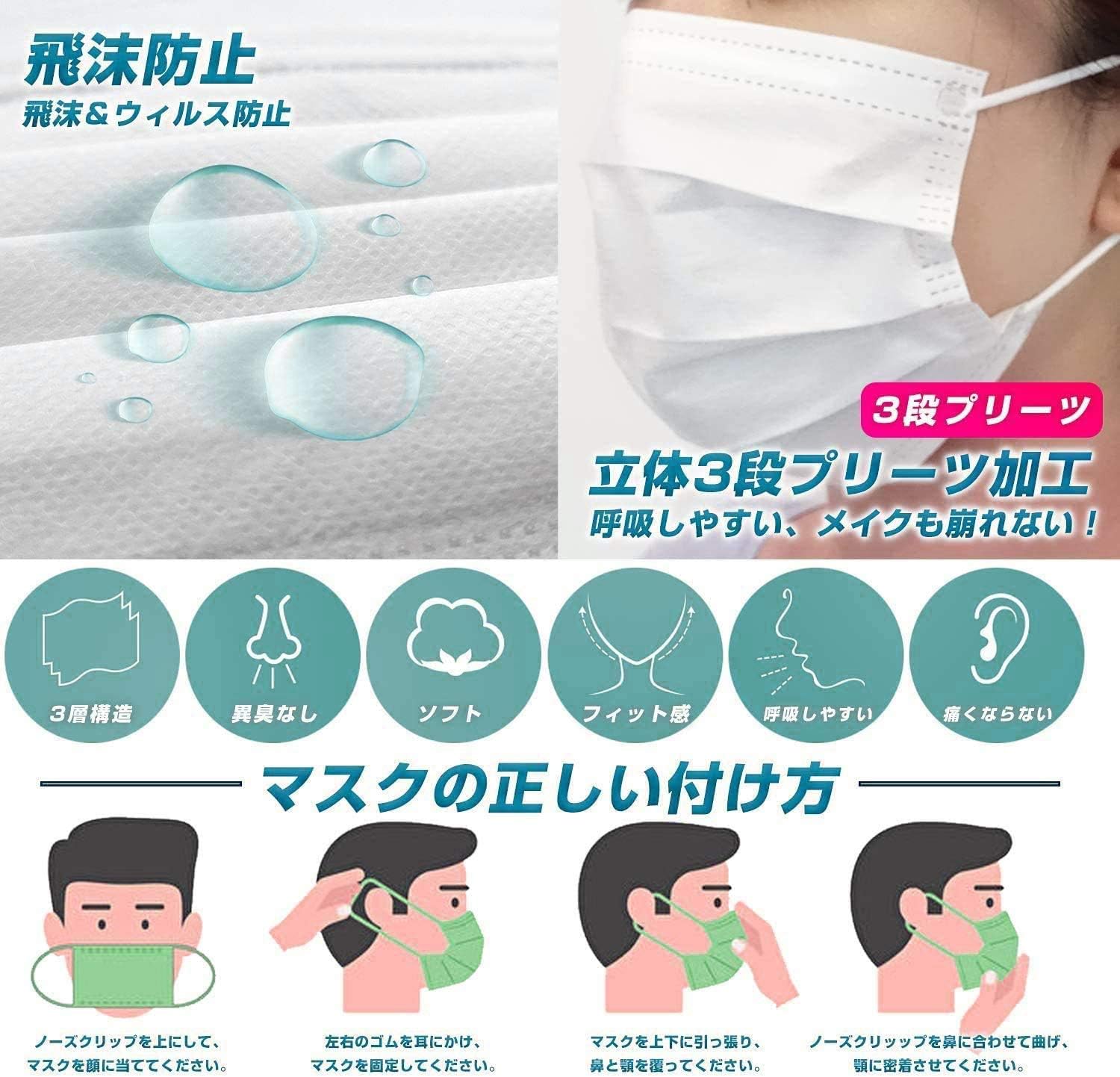 Amazon マスク 50枚入 使い捨て 不織布マスク 3層構造高密度フィルター素材 飛沫 花粉対策 通気性抜群 ふつうサイズ 男女兼用 箱付き 白 Trenzado 布マスク