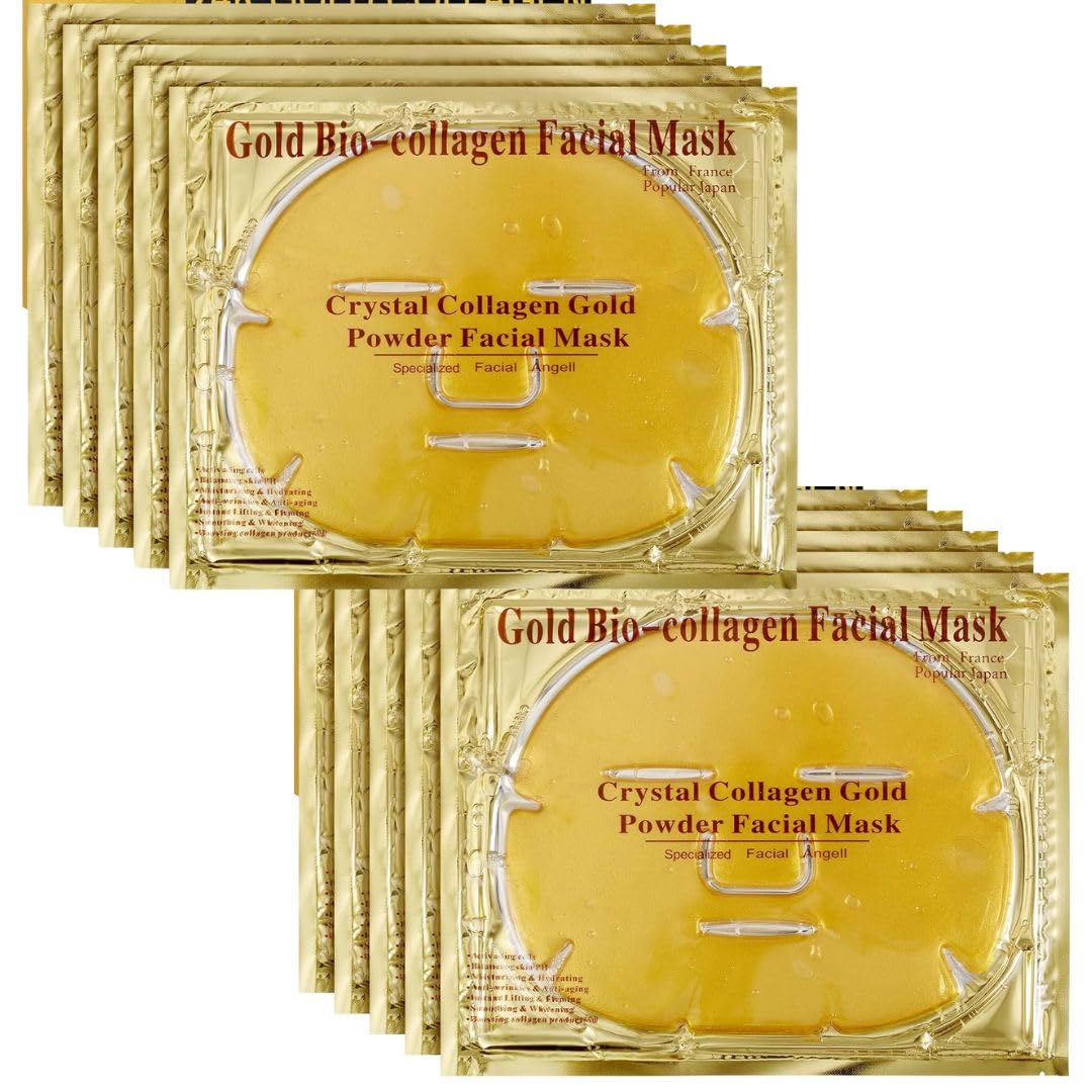 10 x Gold Face Mask - 24k Gold Crystal Gel Collagen Facial Masks, Treatment Anti Aging Puffiness Skincare Anti Wrinkle Tighten Skin