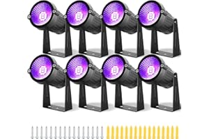 TIGQIANG 8 Pack Black Lights, IP66 Flood Light 15W LED Blacklight Glow Party Outdoor Spotlight with On/Off Switch + Plug + Metal Stakes for Landscape Lighting, Xmas, Body Paint, Fluorescent Poster, Halloween