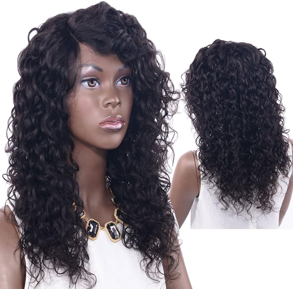 Sexy Lady Curly Wigs for Black Women 100% Brazilian Virgin Human Hair for African Americans with Lace Front Wig Hair Extensions (1B#, 168g, 16inch)