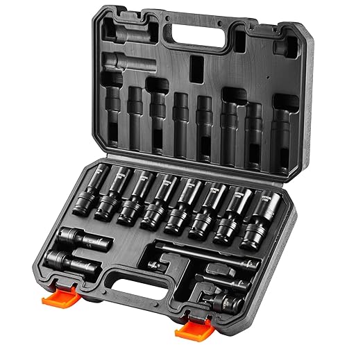 VEVOR 14PCS Universal Impact Socket Set - 3/8" Drive Deep Metric 10-19mm 6 Point - Swivel Socket with Flexible Wobble, CR-MO, Metric, Storage Case