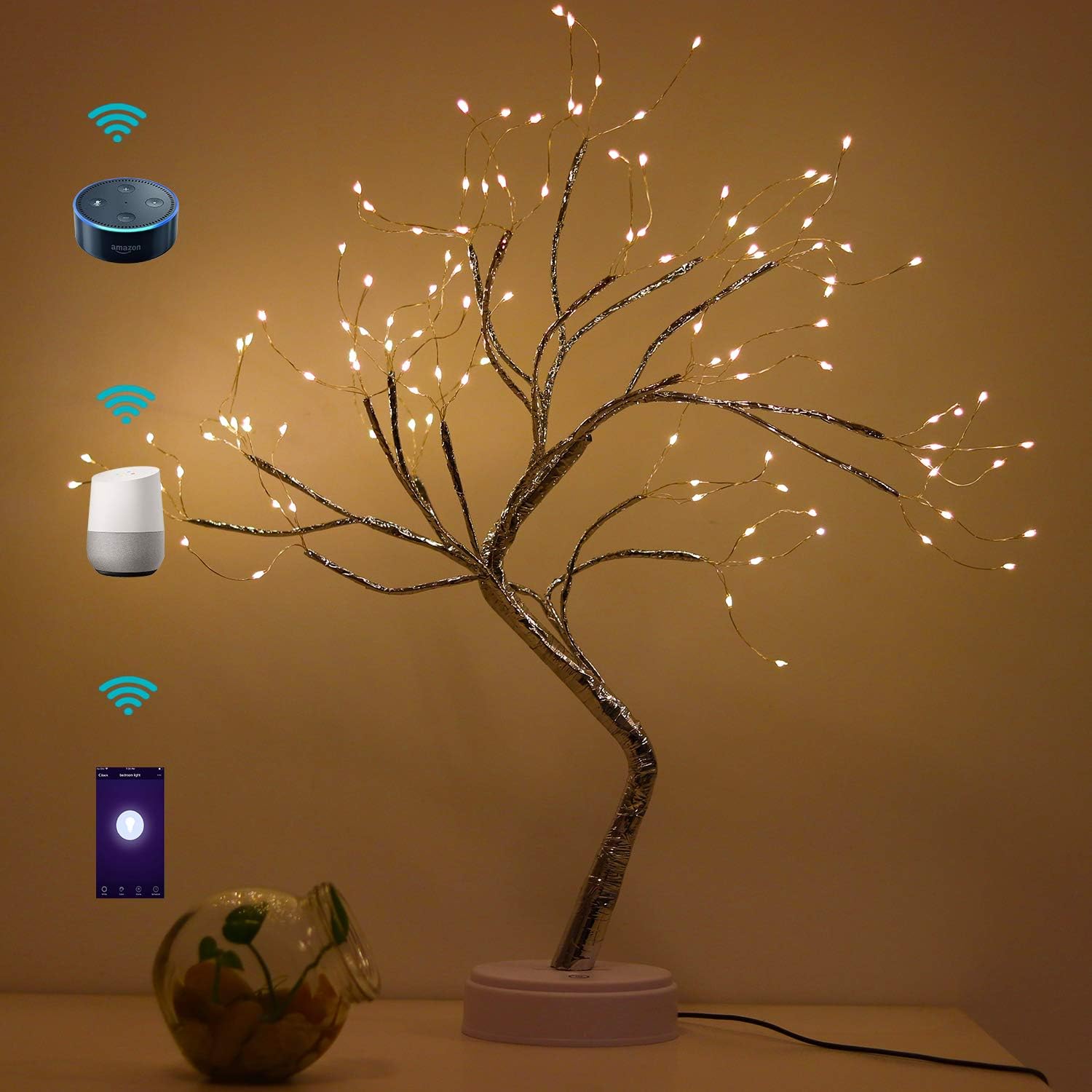 Smart Table Lamp Accent Night Light|USB Powered|Copper Wire String Warm White|Flexible Branch|Home Decorative LED Tree Light|Bedroom Beside Lamp Work with Echo Alexa and Google Assistant(STLSWW)