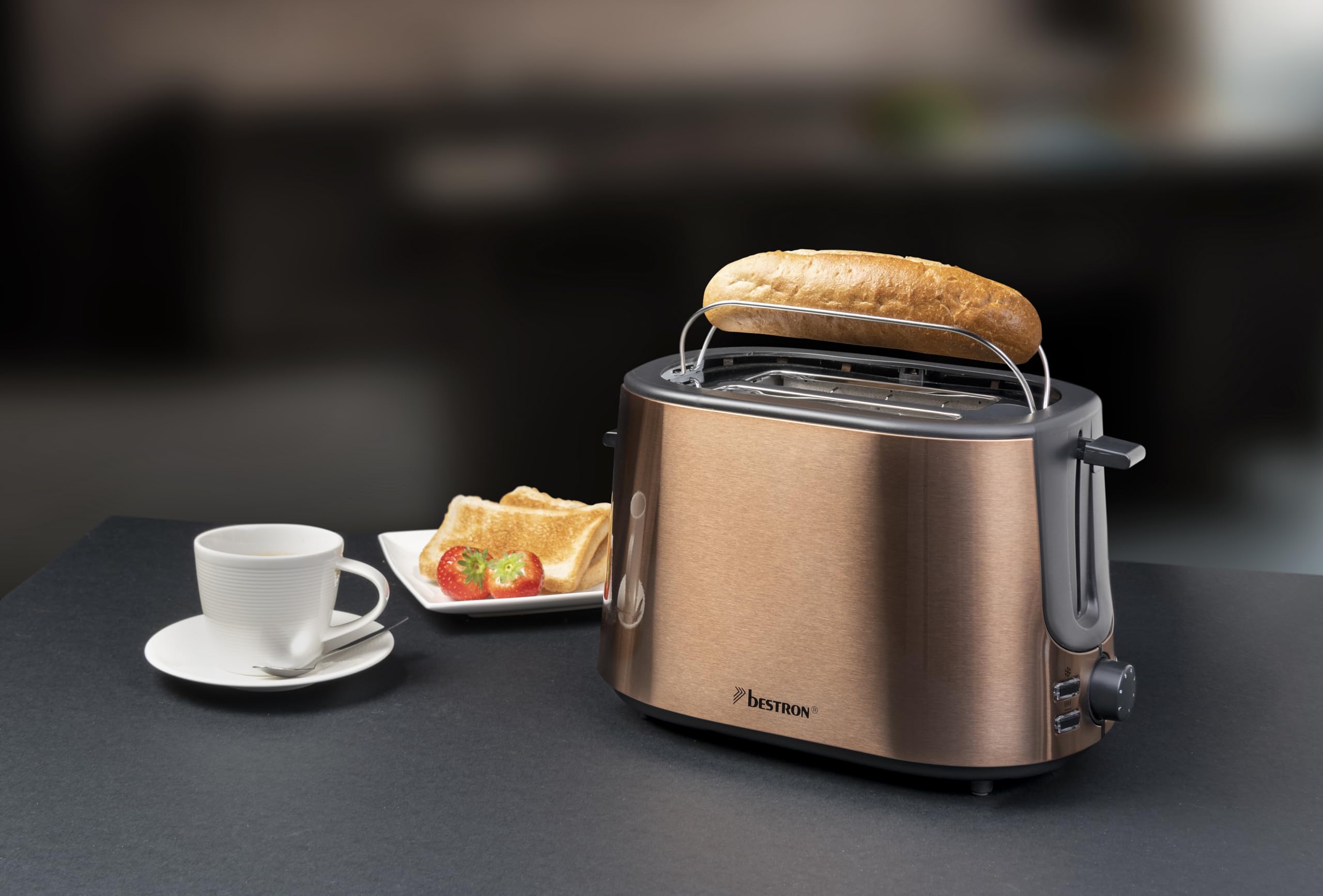 Bestron Toaster mit 2 Röstkammern, Krümelschublade und Brötchen-Röstaufsatz, 1.000 W, Edelstahl in Kupfer-Optik 4