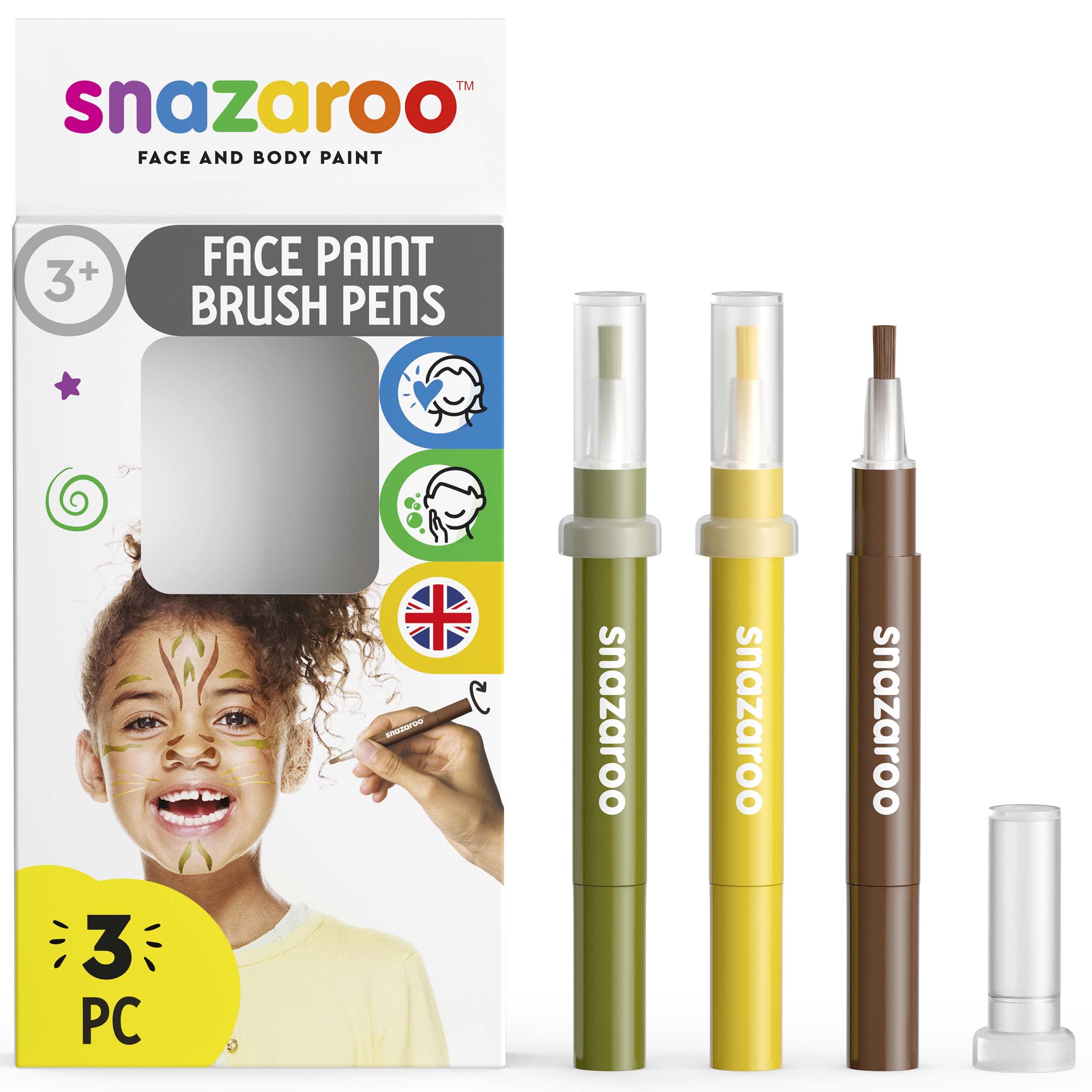 Snazaroo Face Paint Brush Pen, Jungle, Pack of 3, Safe and Non-Toxic, Precision Brush Nib, for Ages 3+