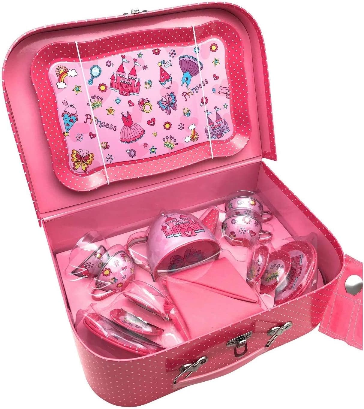 Oojami 23 Piece Childrens Pretend Toy Tin Tea Set Including a Carrying case Princess Theme