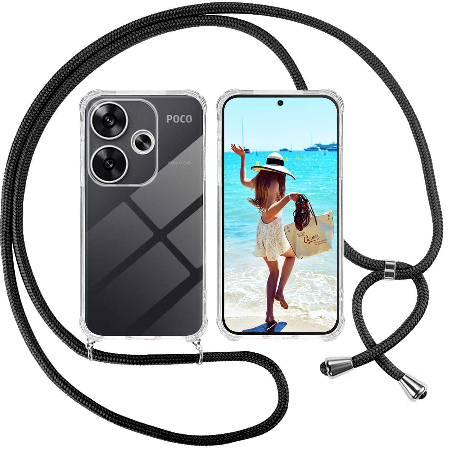 ISOI Cover with Lanyard for Xiaomi Poco F6 5G, Transparent Case with Necklace Strap Neck Strap Ultra Thin Soft TPU Silicone Shockproof Anti-Scratch Non-Slip Case, Black