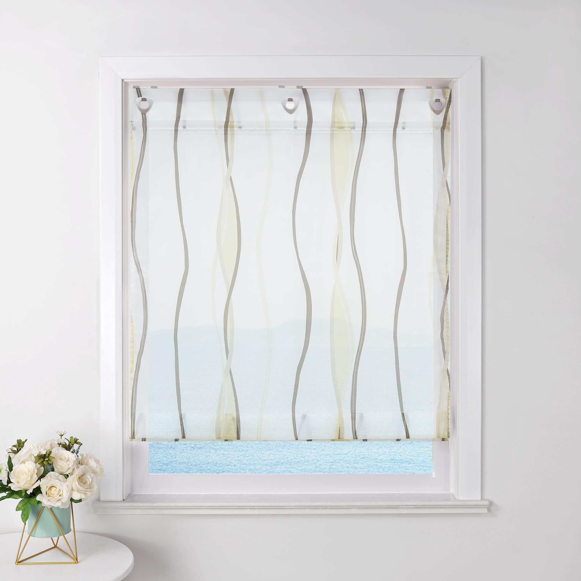 ESLIR Roman Blind with Eyelets Kitchen Roman Curtains Transparent Eyelet Roller Blind Curtains with Wave Print Modern Voile Sand W x H 100 x 140 cm 1 Piece