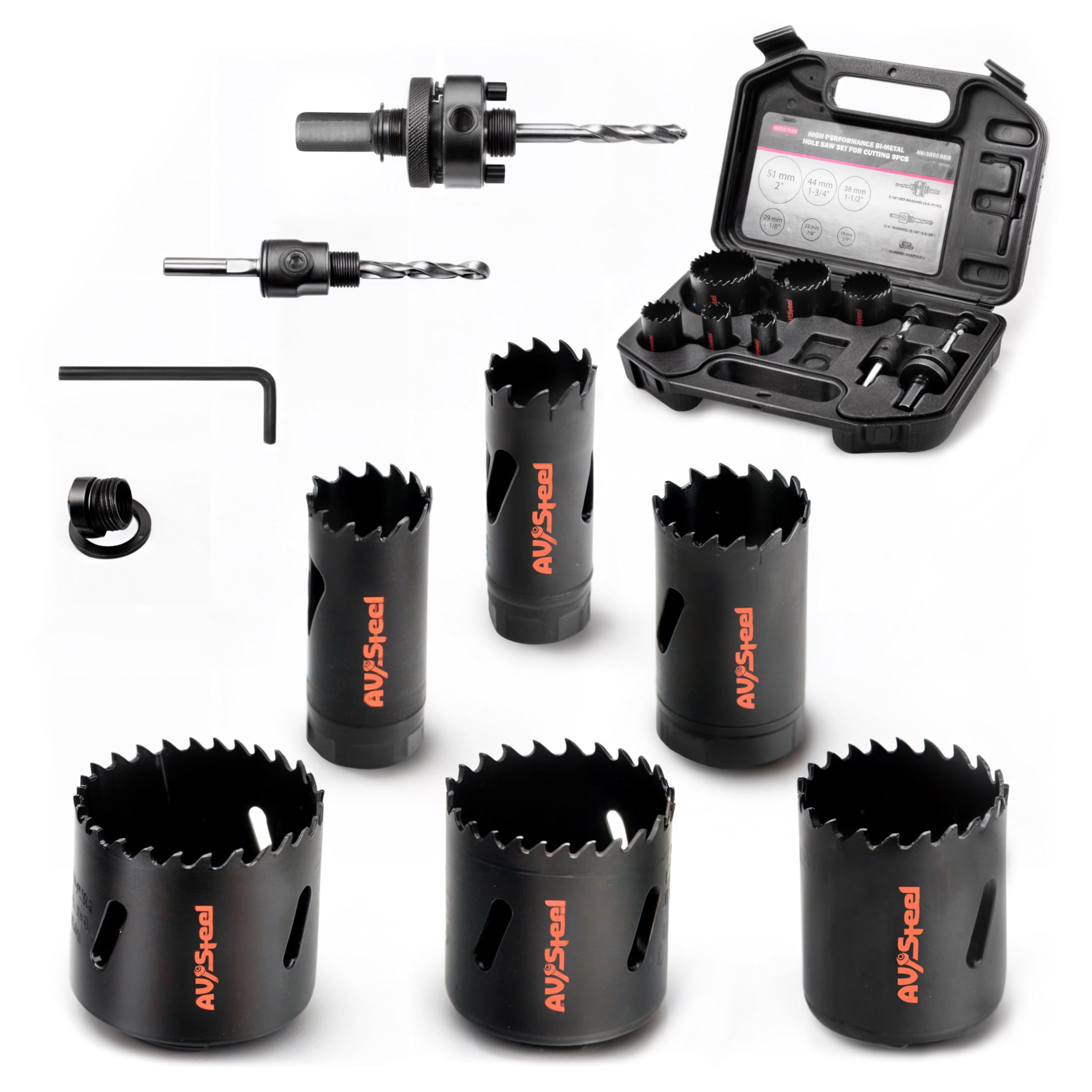 Photo 1 of AV Steel Bi-Metal Hole Saw Kit, 9 Pieces Drill Hole Saw Set in Case with Mandrels, Hole Saw Bits, Hex Wrench Key for General Purpose Applications in Metal, Hard Wood, Plastic Plate, PVS Board, Steel