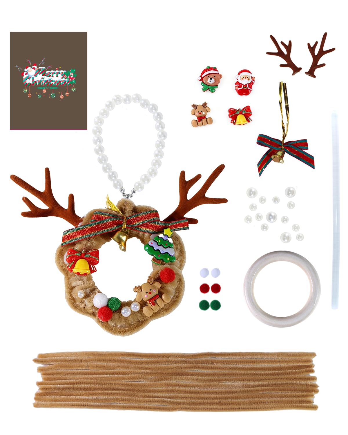 Photo 1 of ++7 PACK++Farbeniok Christmas Pearl Ring Pipe Cleaner Craft Kit, DIY Wreath Ornament Supplies Set with Beads, Bow for Tree Decor, Interior Decoration, School Bags, Children's Festival (Brown)