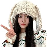 WUODHTW Crochet Hats for Women Beanies Bunny Hat Y2K Cute Bunny Long Ears Skull Ski Hat Warm Winter Knit Party Grunge Cap