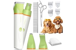 unibono Dog Grooming Kit with Paw Trimmer, All-in-One Low Noise Electric Rechargeable Small Quiet Pet Clippers Foot Dog Hair Shaver with Stainless Steel Scissors and Comb for Dogs at Home (Green)