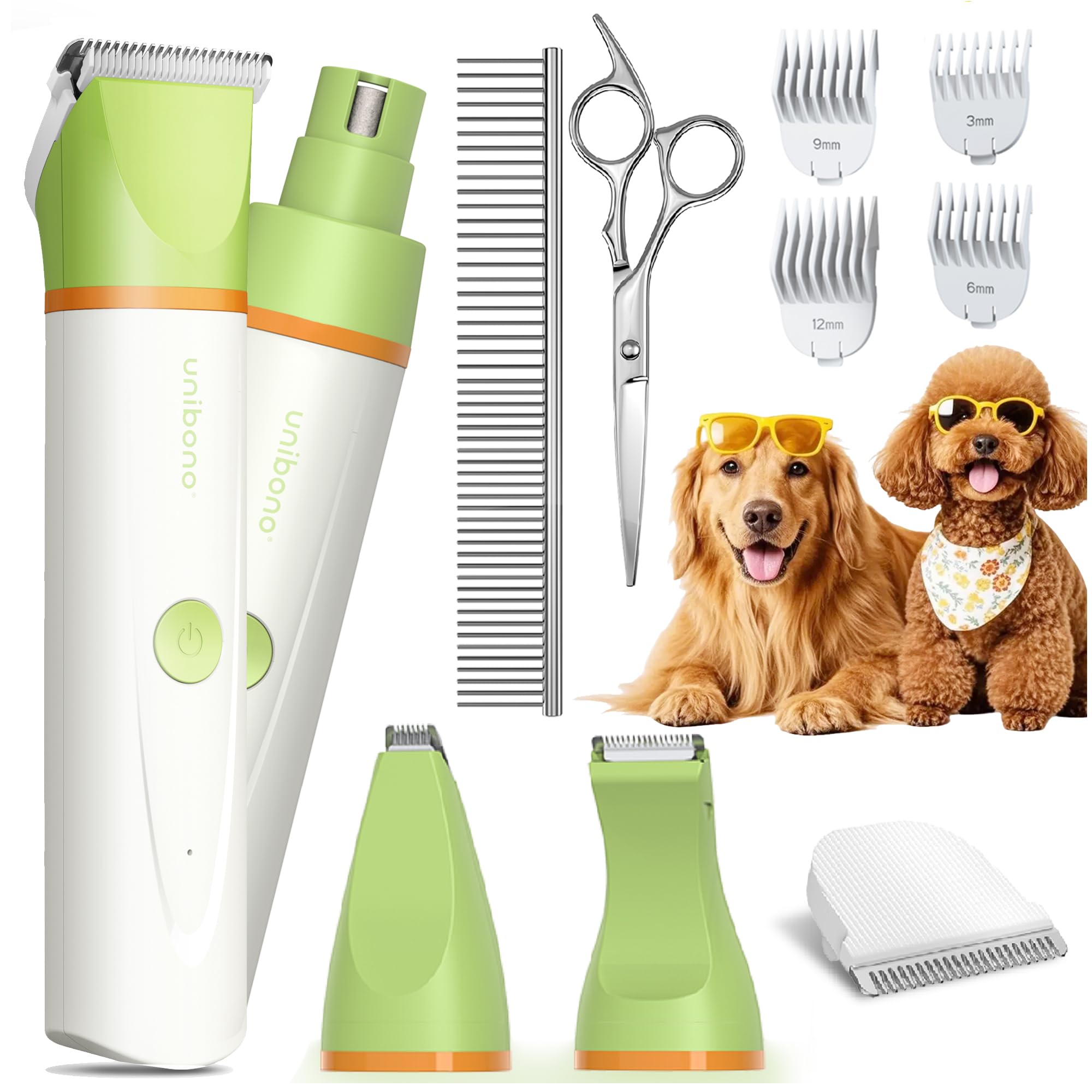 Photo 1 of unibono Dog Grooming Kit with Paw Trimmer, All-in-One Low Noise Electric Rechargeable Small Quiet Pet Clippers Foot Dog Hair Shaver with Stainless Steel Scissors and Comb for Dogs at Home (Green)