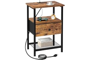 LOAKEKEL Night Stand, Nightstand with Charging Station, End Table with Storage Fabric Drawer for Bedroom, Small Bed Side Table with USB Ports and Outlets for Living Room, Brown, HETS010BR-1