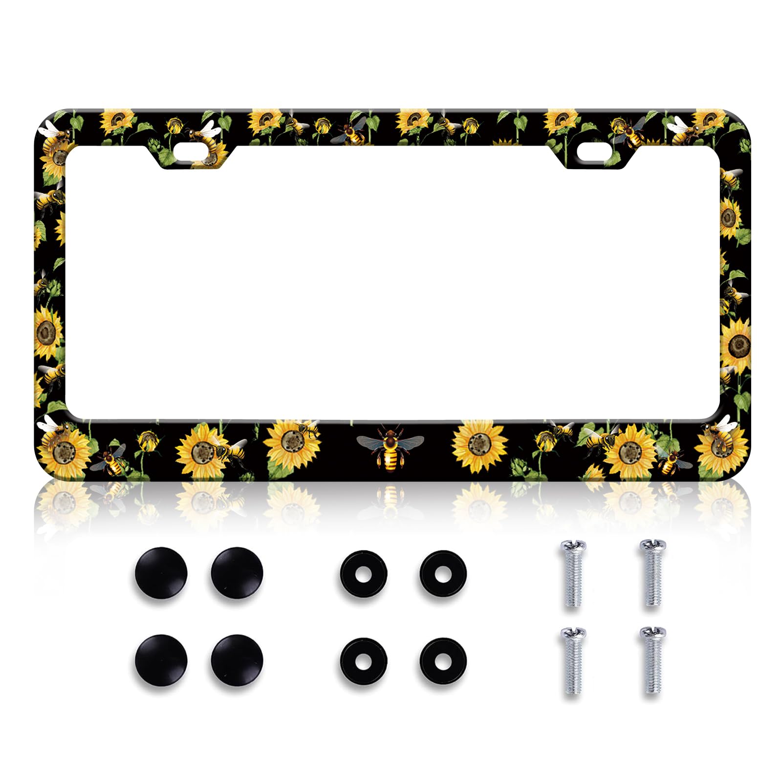Photo 1 of HCSS Bee and Sunflowers License Plate Frames Beautiful Flowers Insect Animal Floral Aluminum Metal Car Decorative Parts Rust-Proof Waterproof Car Decorative Tag Frames for Standard US 12x6 Inch