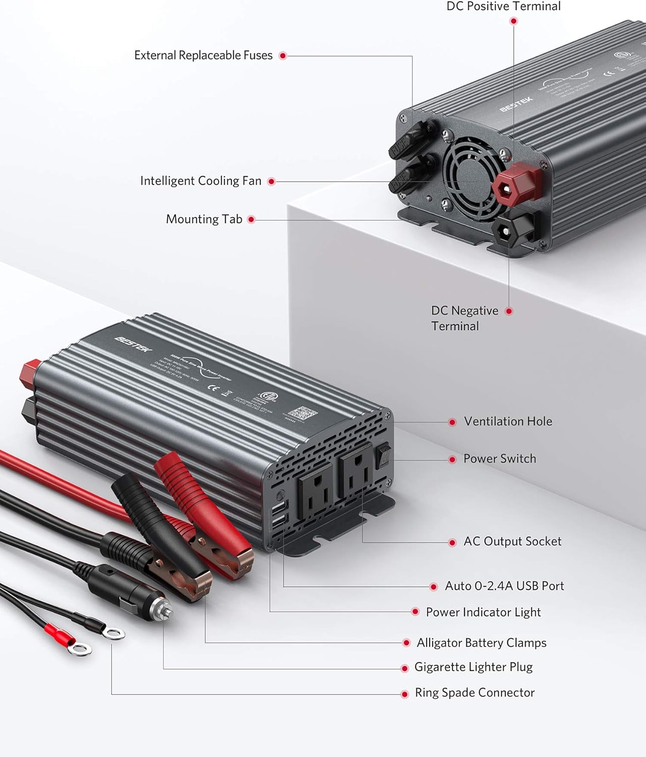 Grey BESTEK 500W Pure Sine Wave Power Inverter DC 12V to 110V AC Car