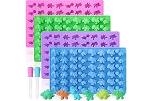 HKNMTT Gummy Dinosaur Molds Silicone, Mini Cute Dinosaur Shaped Candy Chocolate Molds With 2 Droppers, 4 Pack 192 Cavities Non-stick BPA free Bite Size Animal Kid Molds, Easy to Release DIY Candy Making Kit
