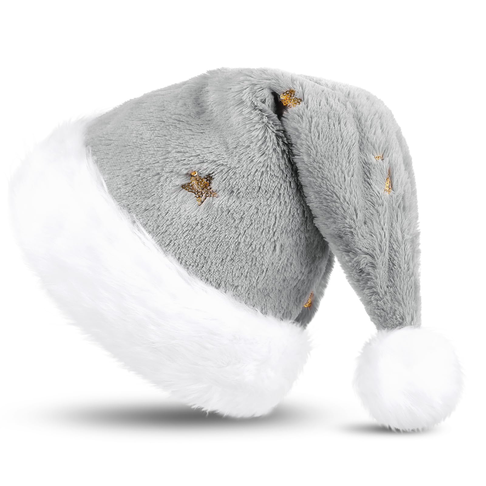 KONVINIT Grey Christmas Santa Hat,Luxury Santa Claus Hat With Sequin Star Deluxe Father Christmas Hat Deluxe Santa Hat for Men and Women for Christmas Party,grey — image 1