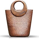 QTKJ Straw Bag, Beach Bag for Women, Handmade Rattan Handbag, Boho Retro Woven Tote Bag Round Wooden Handle, Summer Bag for Beach Vacation Daily