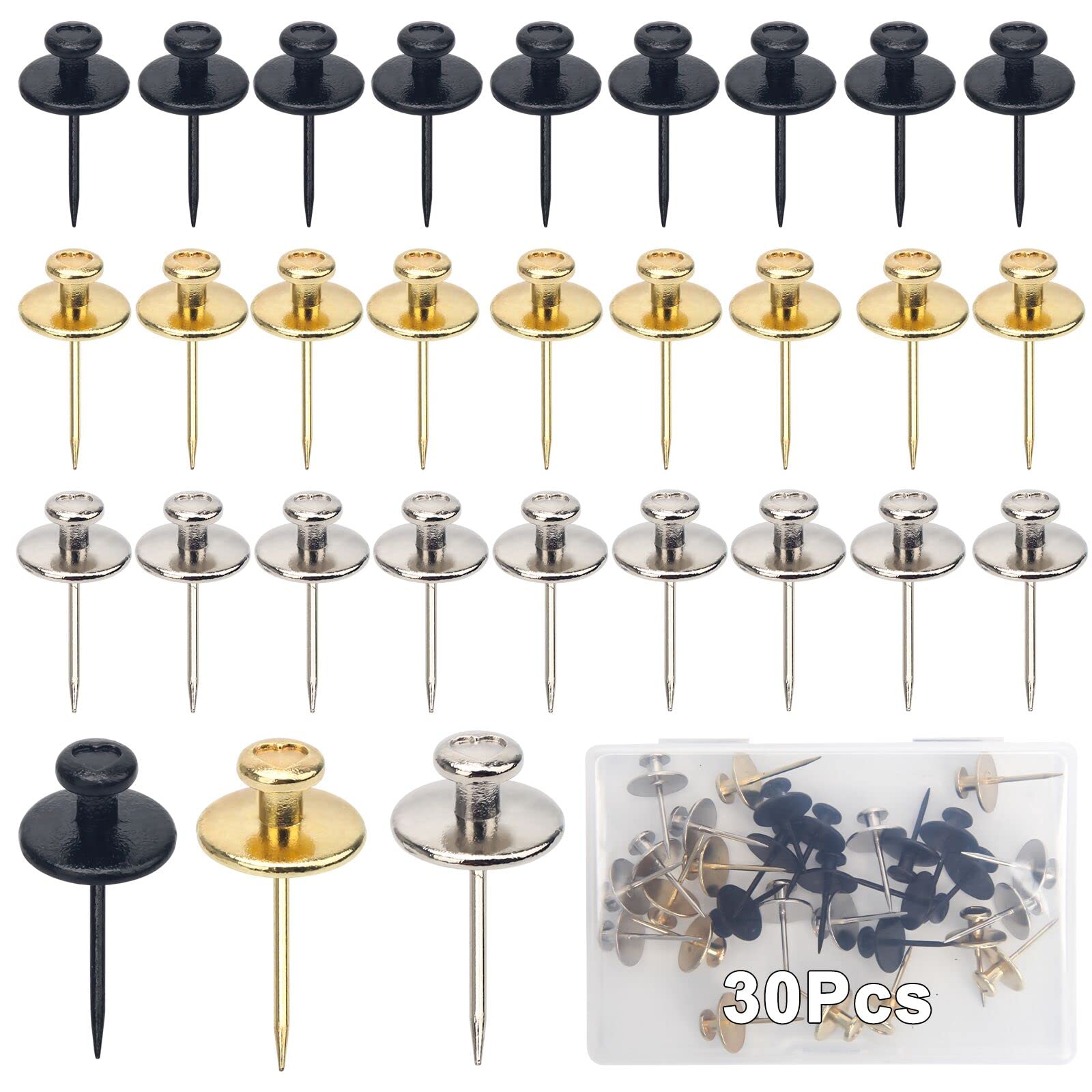 Windspeed 30 Pcs Double-Headed Picture Hangers Nails, Fancy Thumb Tacks for Cork Board Picture Decorative Nails for Hanging Wall Tacks (Black, Gold, Silver)