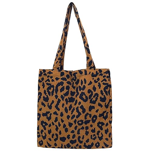 OVBOVA Leopard Print Canvas Bag, Tote Bag for Women Girls Leopard Shoulder Bag Large Capacity Reusable Foldable Ladies Eco Handbag Fold Away Shopping Tote Bag for School College Travel Work Beach