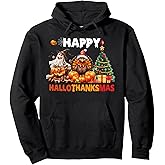 Retro Halloween Thanksgiving Christmas Happy HalloThanksMas Pullover Hoodie