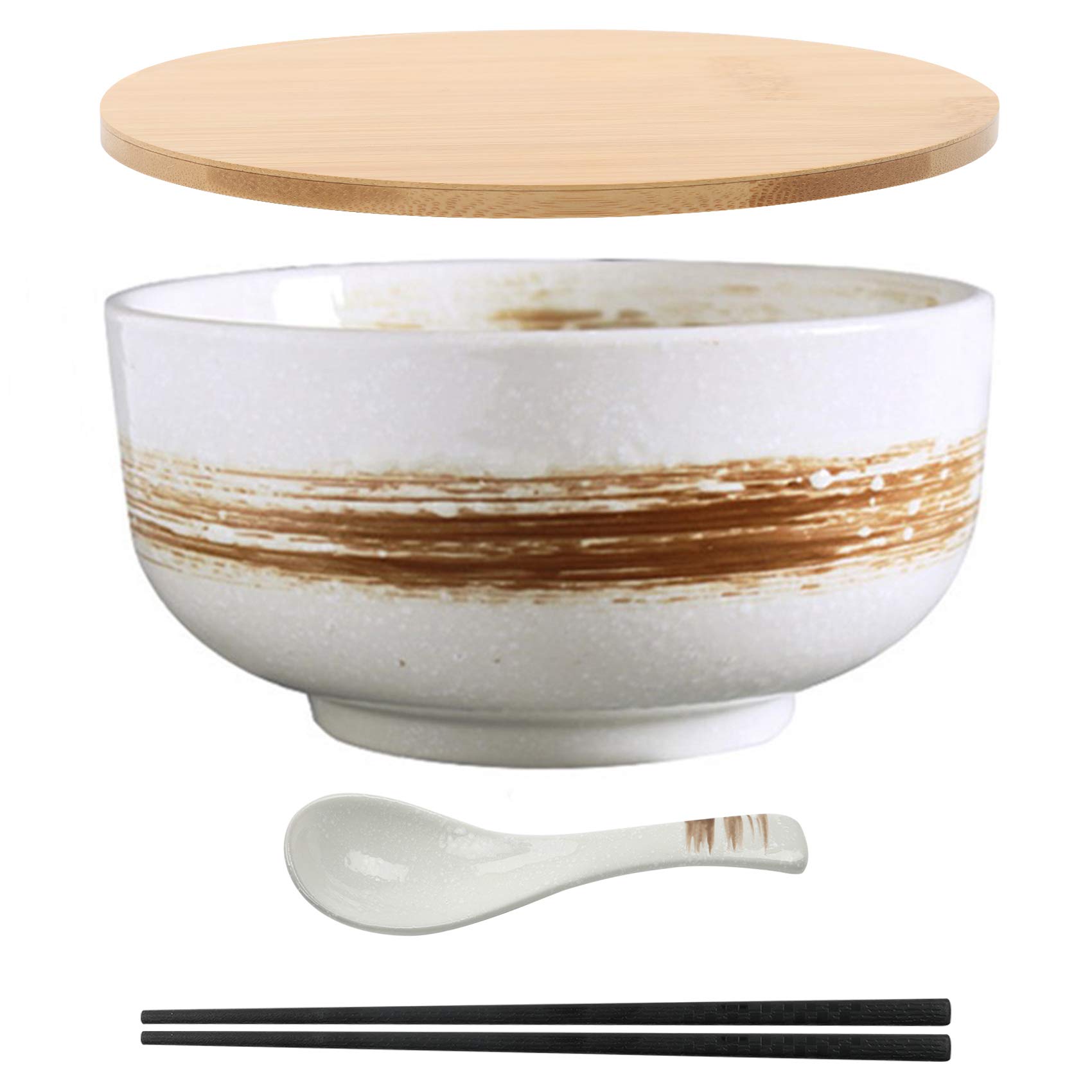 Japanese Ramen Bowls with Lid Spoon, Ceramic Ramen Bowl Hand Drawn Rice Bowl Retro Tableware Noodle Bowl 6.5 inch