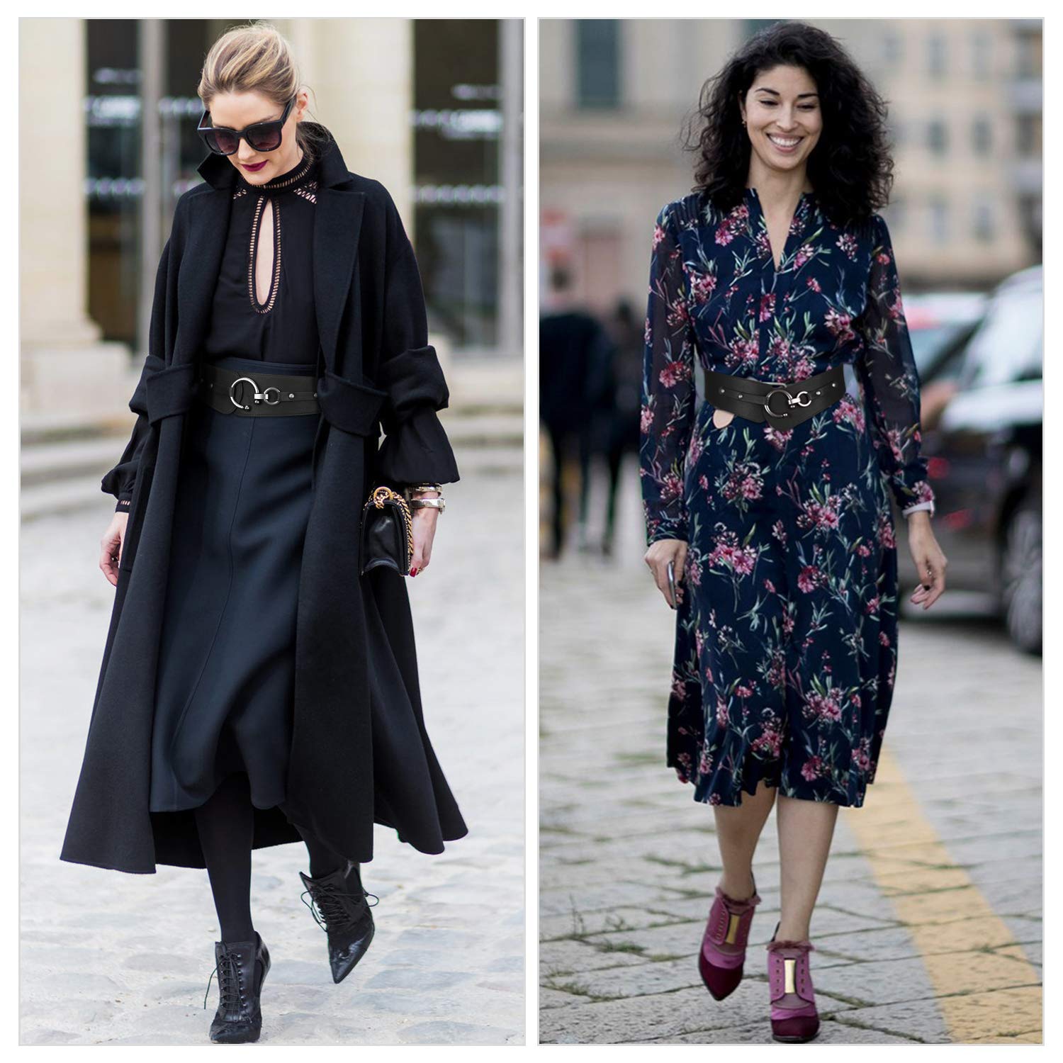 Women\'s Wide Stretchy Cinch Belt Vintage Semi Ring Buckle Leather Belts S-XXL