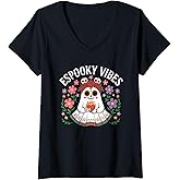 Womens Espooky Vibes Ghost with Flowers and Sugar Skull Style V-Neck T-Shirt