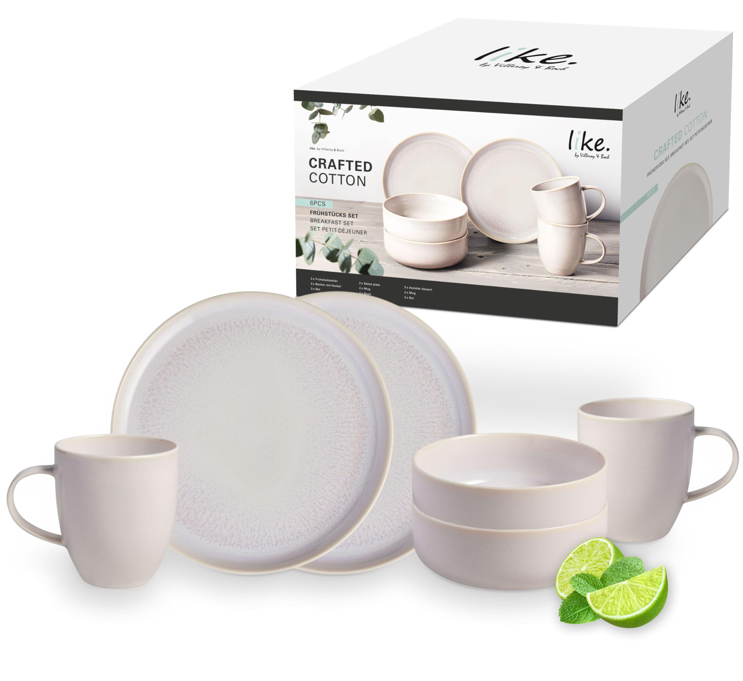 like. by Villeroy & Boch - Crafted Cotton, 6 pcs. Breakfast Set, Stoneware, Dishwasher-Safe, Microwave-Safe, Plate, Dinner Plate, Ceramic Crockery, Crockery Set, Tableware, Set
