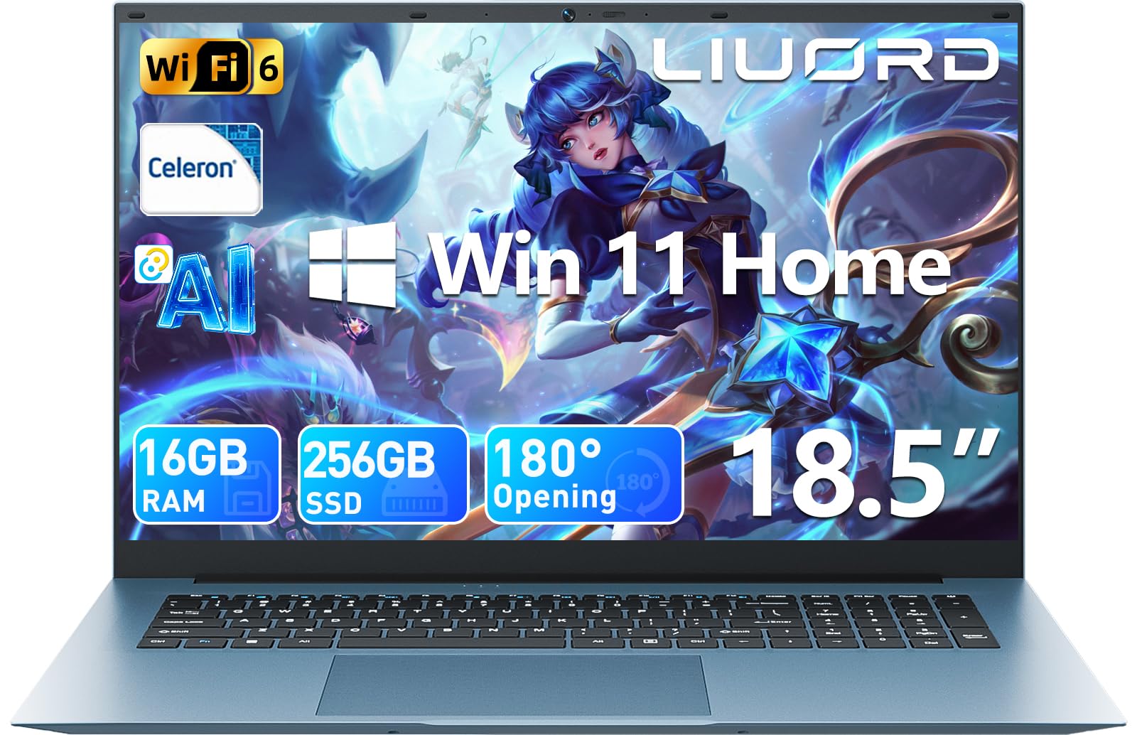 Liuord Laptop 18,5 Zoll 16GB RAM 256GB SSD, Copilot AI Notebook Core i3 (bis zu 3,9 GHz), 8000mAh Akku, Win 11, WiFi 6, FHD Display 180° Betrachtungswinkel, HDMI, USB-C Multifunktionsanschluss