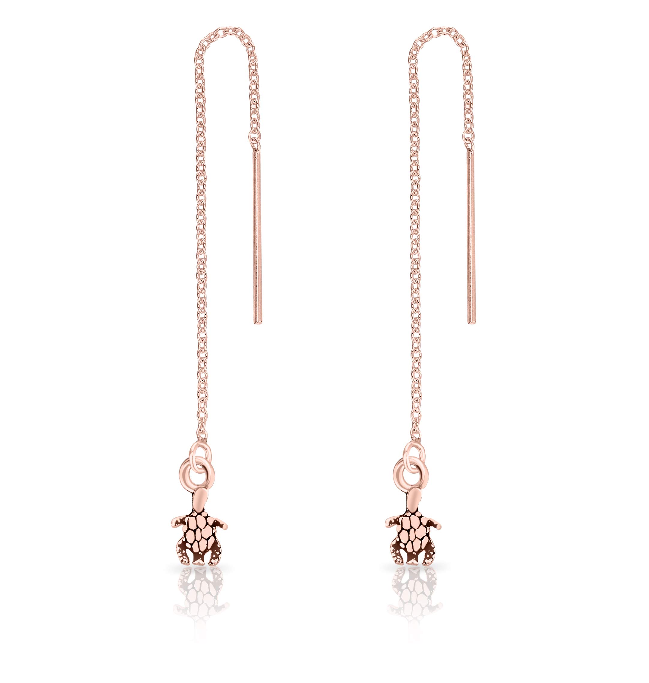DTPsilver® 925 Sterling Silver Rose Gold Plated Pull Through/Thread Style Drop Chain Earrings and Small Turtle - Length: 75 mm - Turtle Dimension: 5 x 7 mm