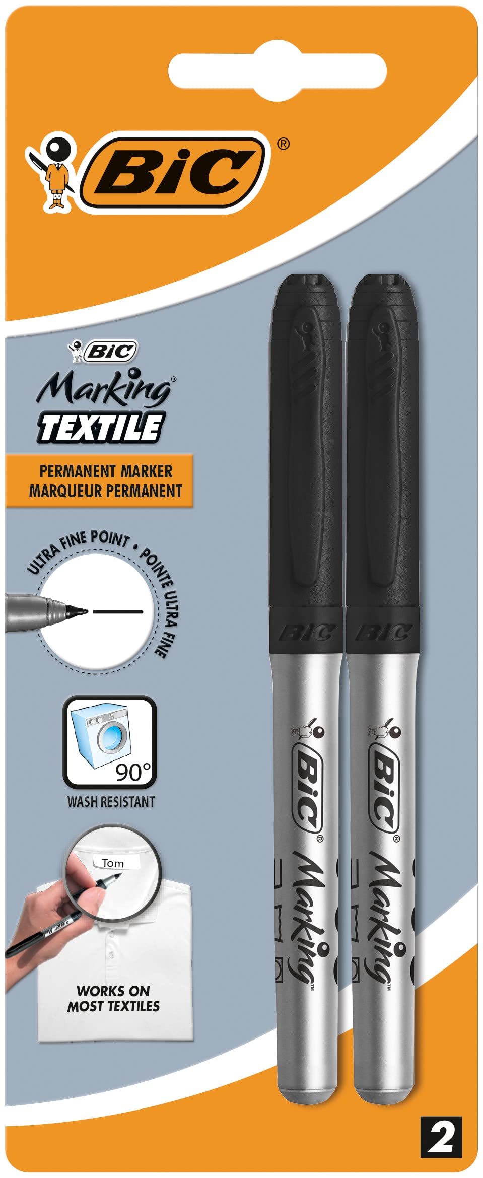 BIC Marking Ultra Fine Permanent Marker Fabrics (0.6 mm) - Black, Blister Pack of 2 - Quick Dry Marker
