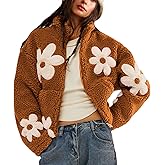 Maixang Womens Floral Print Sherpa Fleece Jackets Winter Zipper Cropped Coat Casual Long Sleeve Outwear with Pockets