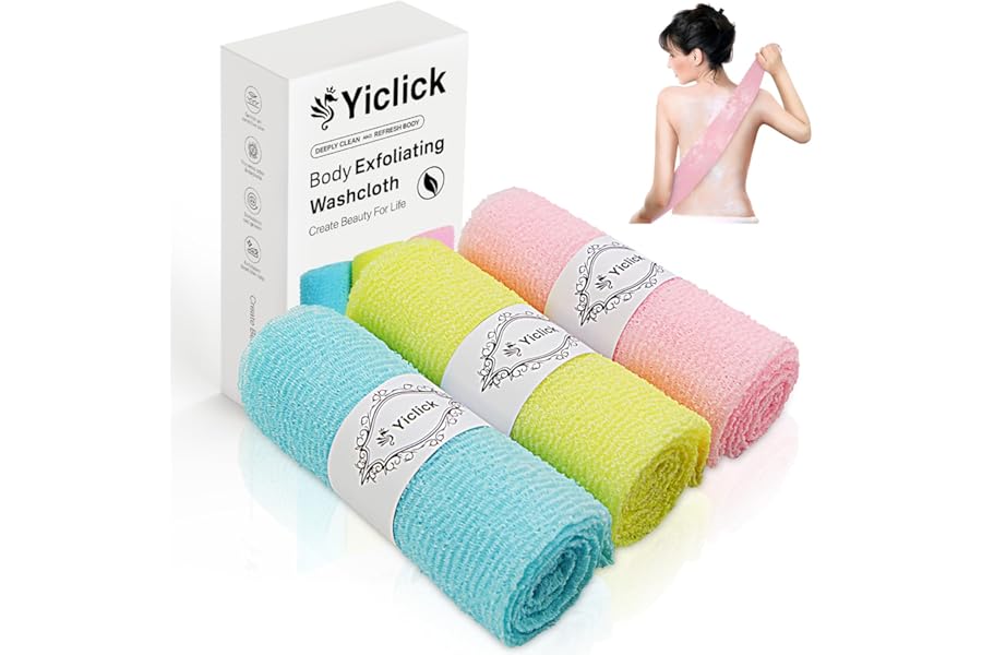 Yiclick Exfoliating Washcloth Towel [3 Pack], Japanese Exfoliating Wash Cloth, Korean Body Scrubber Exfoliator, Back Scrubber Washer for Shower Bath, Body Scrub African Net Sponge Loofah Luffa Colors