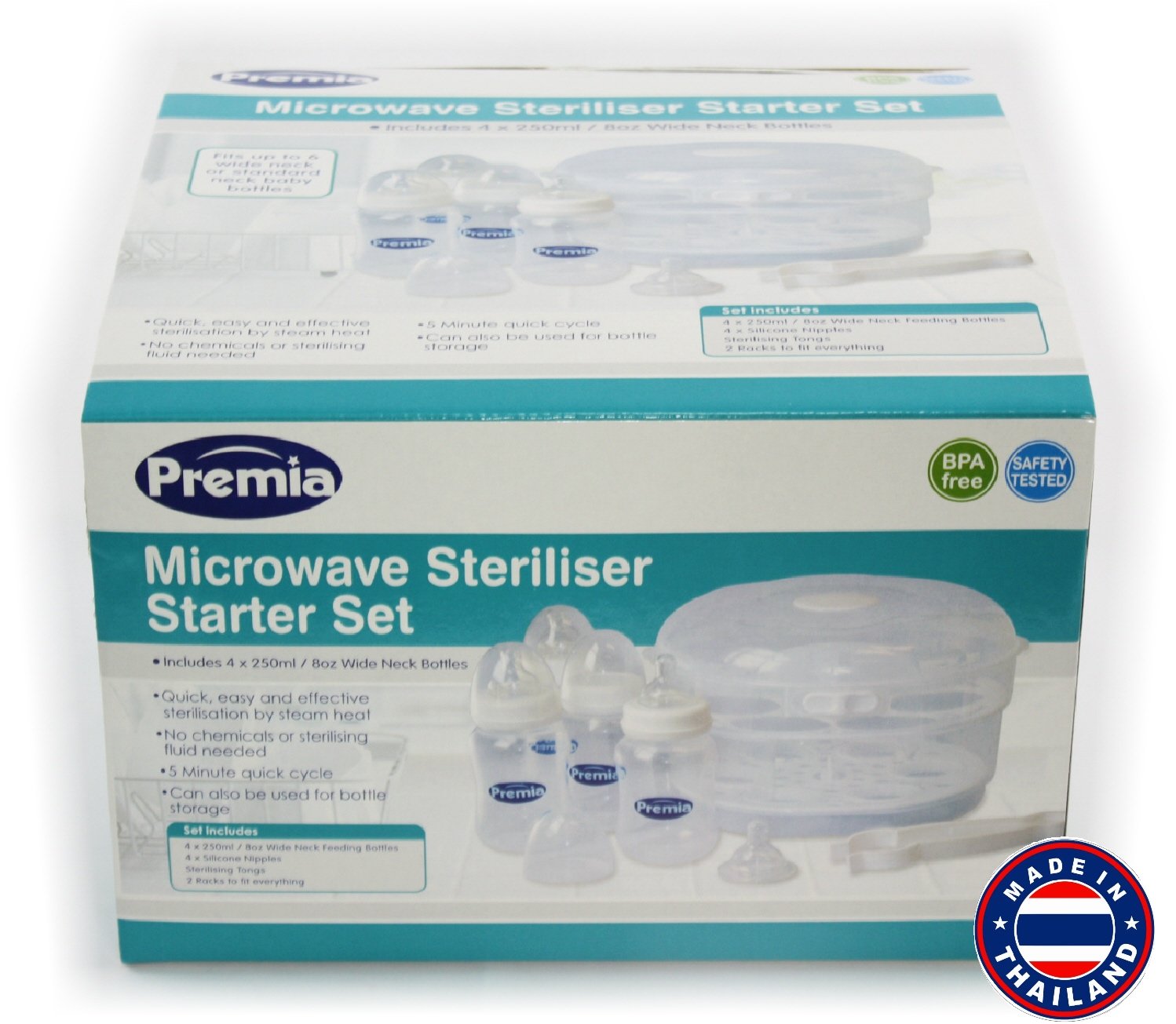 Premia Deluxe Microwave Steam Sterilizer Starter Set Includes 4 (8oz/250ml) Wide Neck Baby Bottles, Sterilizing Tongs & 2 Racks -Fits up to 6 Wide Neck or Standard Size Bottles : Baby