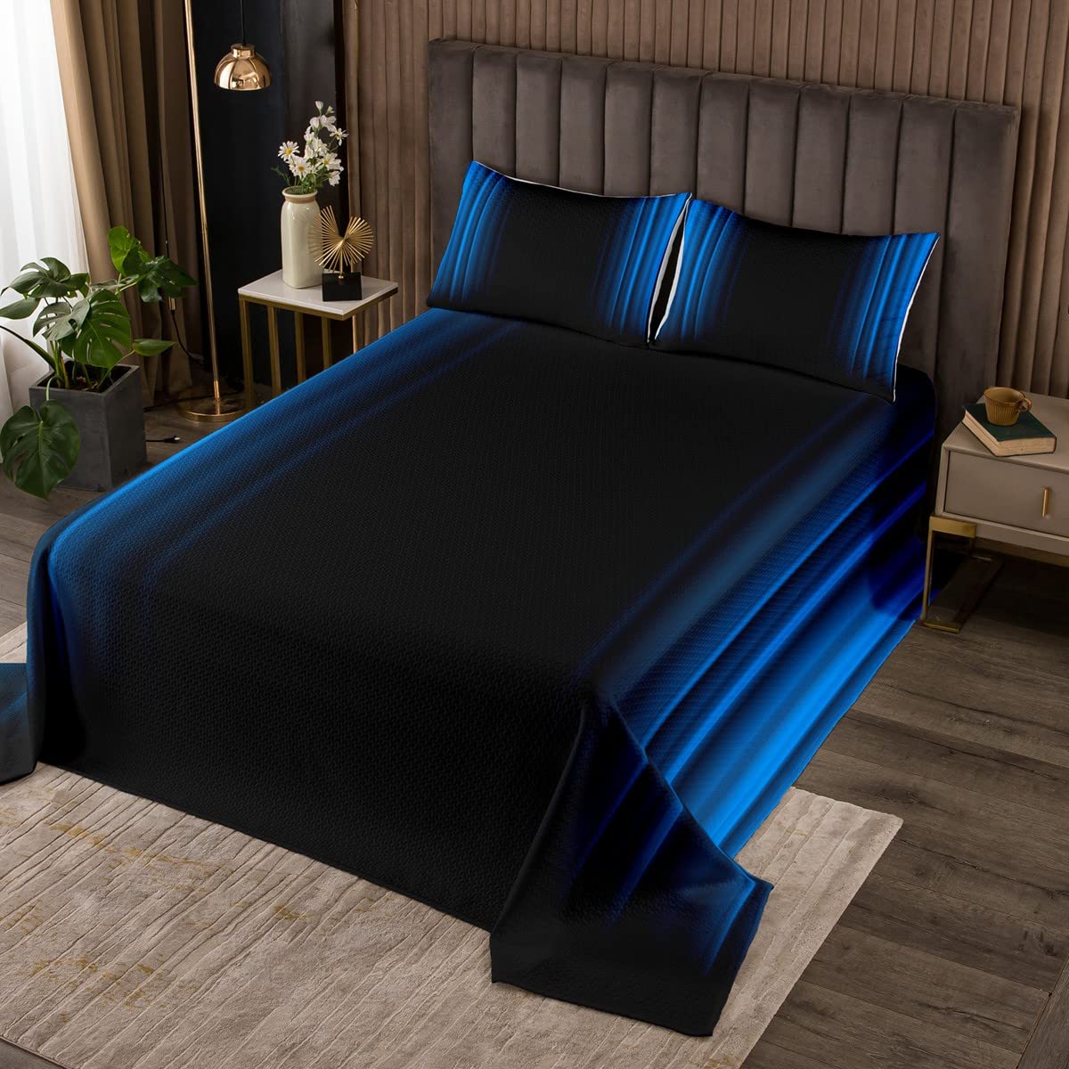 Geometric Coverlet Set Geometric Stripe Quilted Bedspread for Kids Boys Girls Blue Black Abstract Art Gradient Room 2Pcs Single Size