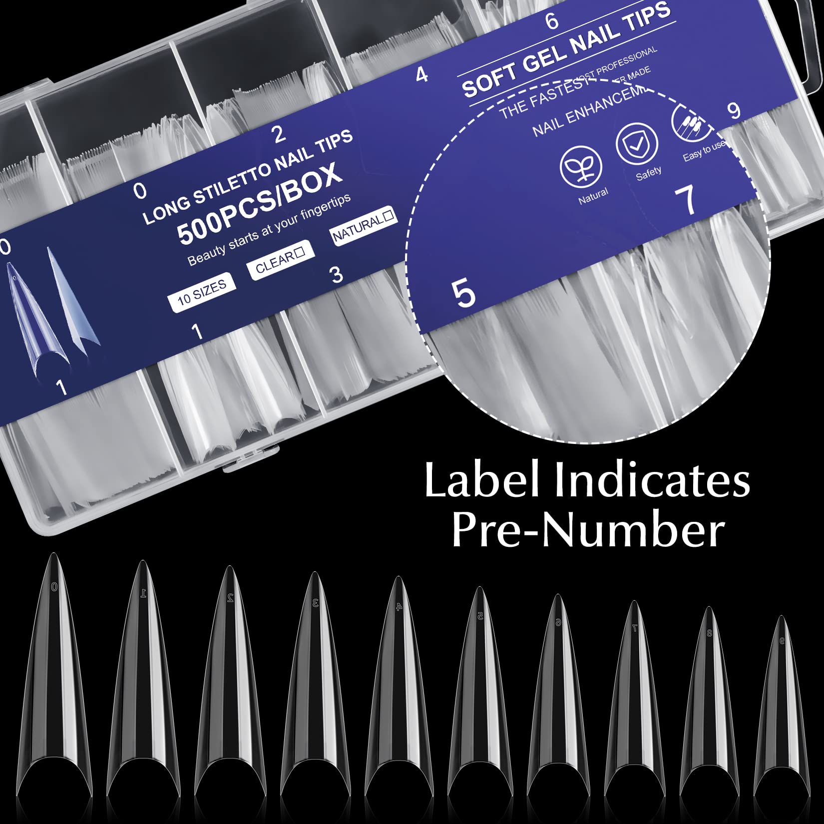krofaue 500pcs Extra Long Stiletto Nail Tips - Clear False Nails 10 Sizes Half Cover XL Pointed Press On Nails - Artificial Acrylic - Salon DIY - Image 3