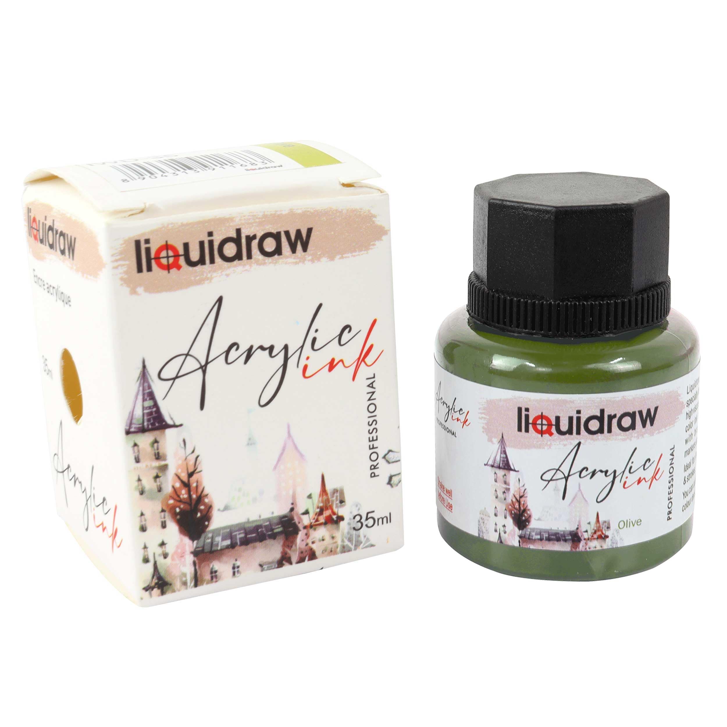 Liquidraw Acrylic Inks for Artists 20 Colours Black White Available Waterproof Ink 35ml Professional for Painting, Drawing, Paints, Art, Brushes, Paper, Board, Canvas, Fabric & Wood (Olive)