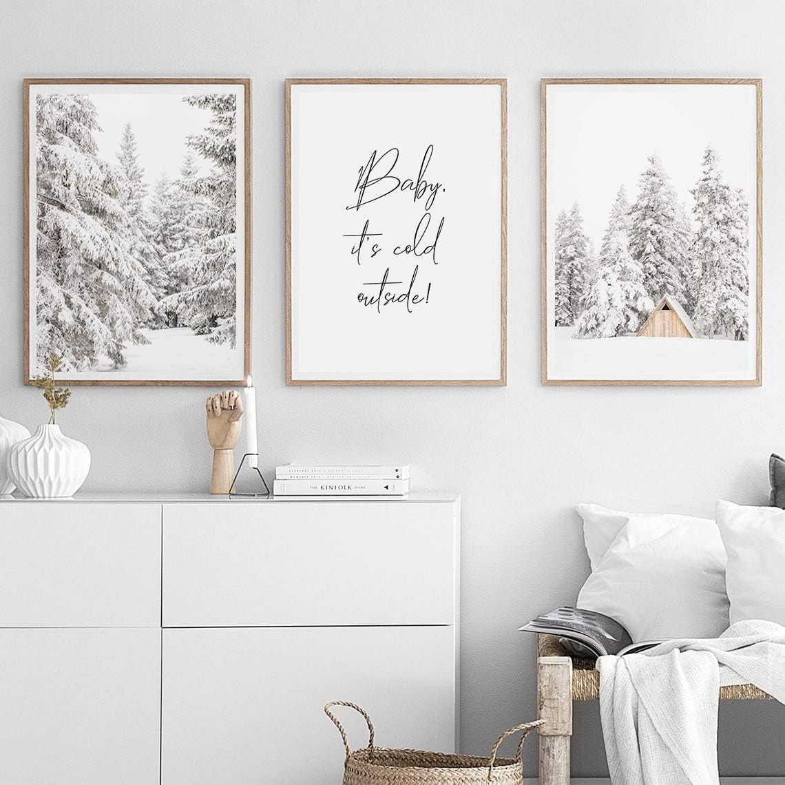 Paintings - NATVVA 3 Pieces Winter Landscape Prints Baby It's Cold Outside Prints Posters Wall Art Canvas Painting for Artwork Christmas Farmhouse Decor with Inner Frame