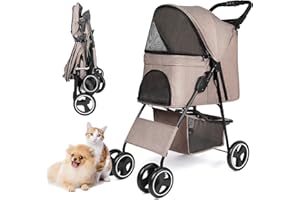 RULTYN Pet Dog Stroller, Four Wheels Cat Dog Stroller with Storage Basket, Handle 360° Front Wheel Rear Wheel with Brake for Small Medium Dogs Cats Travel Folding Carrier Stroller (Brown)