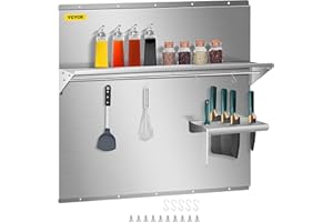VEVOR Range Backsplash with Shelf 36 x 29.5 Inch Range Hood Wall Shield, Stainless Steel Backsplash Silver Splash Plate for Range Hood Stainless Backsplash with Built-in Storage Shelf and Hanging Rack