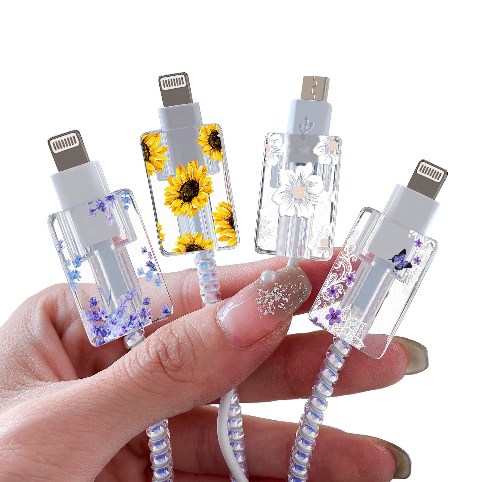 DiyGody Flower Floral Cable Protector for iPhone Charger,Cute Lavender Sunflower Lace Blossom Pattern 4 pcs Set Cable Protector,Charging Cord Protector,Cable Chomper,Charger Saver (Lightning Cable)